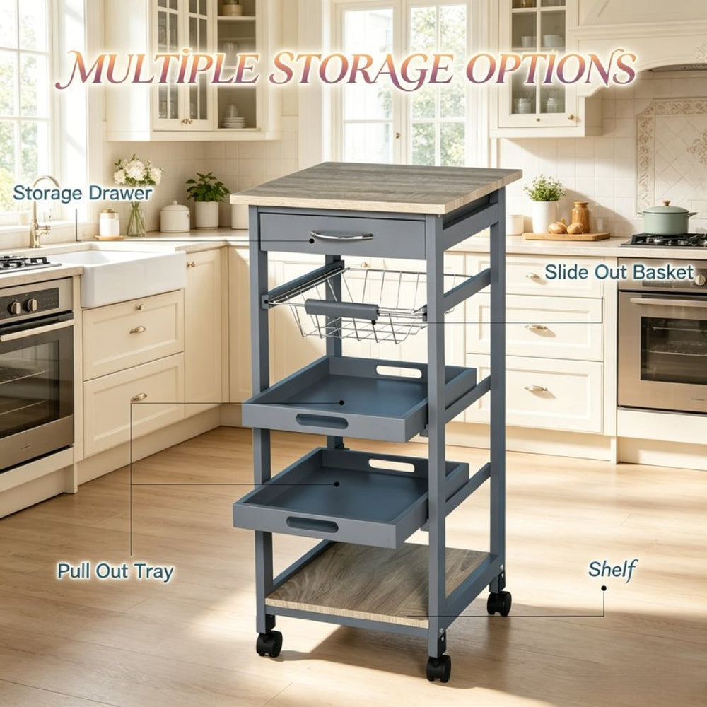 English Elm Mobile Rolling Storage Cart with Oak Top Wire Basket and Drawer for Kitchen or Craft Room T3971P538407