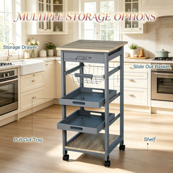 English Elm Mobile Rolling Storage Cart with Oak Top Wire Basket and Drawer for Kitchen or Craft Room T3971P538407