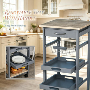 English Elm Mobile Rolling Storage Cart with Oak Top Wire Basket and Drawer for Kitchen or Craft Room T3971P538407