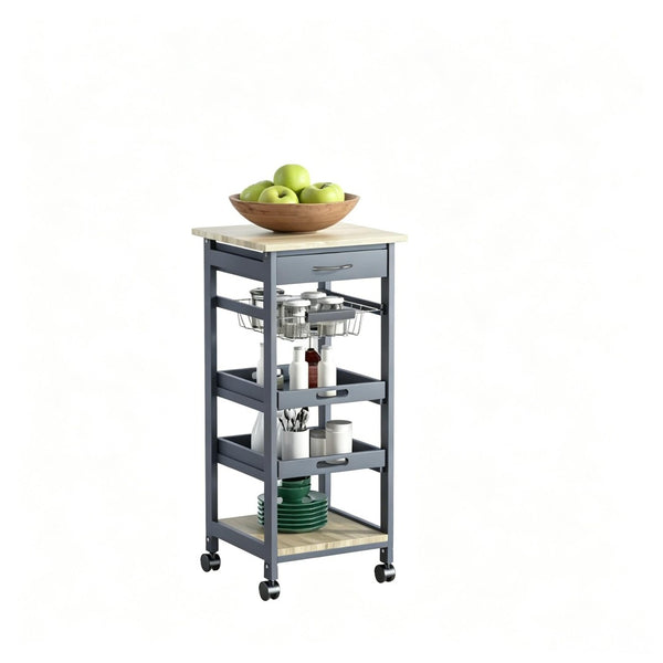 English Elm Mobile Rolling Storage Cart with Oak Top Wire Basket and Drawer for Kitchen or Craft Room T3971P538407