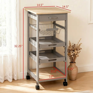 English Elm Mobile Rolling Storage Cart with Oak Top Wire Basket and Drawer for Kitchen or Craft Room T3971P538407