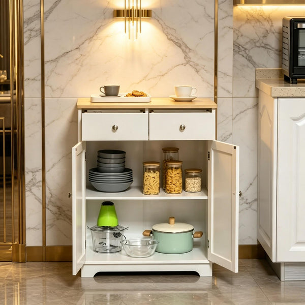 English Elm Space-saving Two-tone Cabinet with Drawers Cupboard for Kitchen Bathroom or Living Room T3971P538427