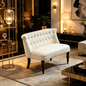 English Elm Vintage-inspired Tufted Linen Loveseat with Curved Back and Carved Rubberwood Legs T3971P538444