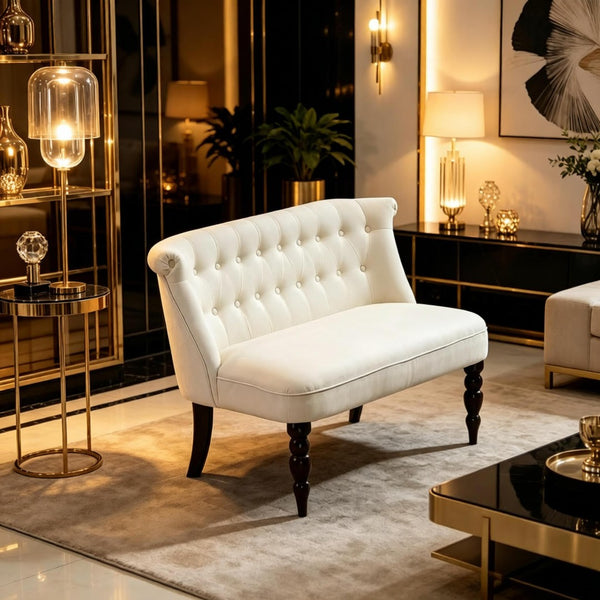 English Elm Vintage-inspired Tufted Linen Loveseat with Curved Back and Carved Rubberwood Legs T3971P538444