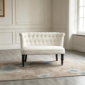 English Elm Vintage-inspired Tufted Linen Loveseat with Curved Back and Carved Rubberwood Legs T3971P538444