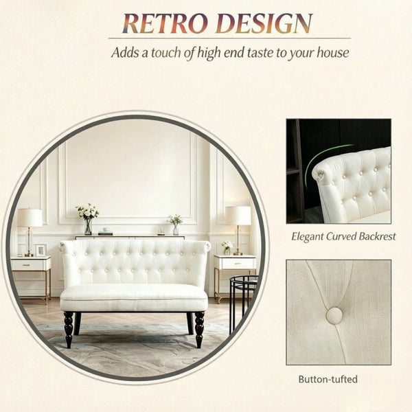 English Elm Vintage-inspired Tufted Linen Loveseat with Curved Back and Carved Rubberwood Legs T3971P538444