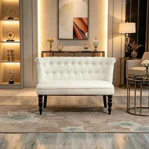 English Elm Vintage-inspired Tufted Linen Loveseat with Curved Back and Carved Rubberwood Legs T3971P538444
