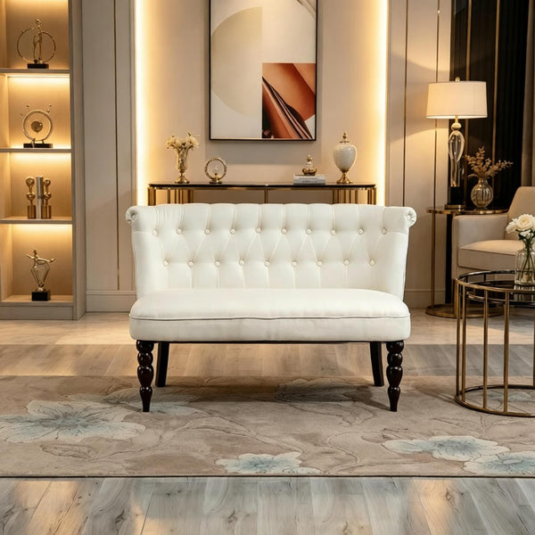 English Elm Vintage-inspired Tufted Linen Loveseat with Curved Back and Carved Rubberwood Legs T3971P538444