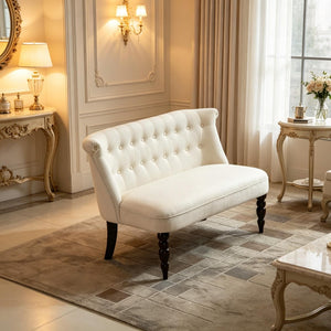 English Elm Vintage-inspired Tufted Linen Loveseat with Curved Back and Carved Rubberwood Legs T3971P538444