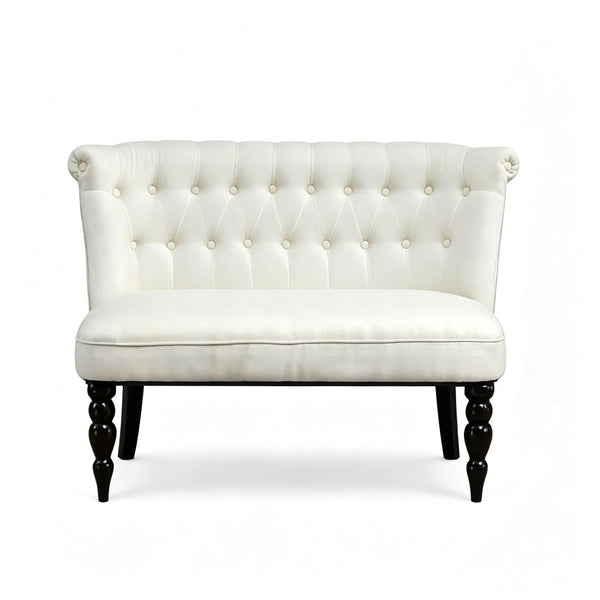 English Elm Vintage-inspired Tufted Linen Loveseat with Curved Back and Carved Rubberwood Legs T3971P538444