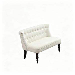 English Elm Vintage-inspired Tufted Linen Loveseat with Curved Back and Carved Rubberwood Legs T3971P538444