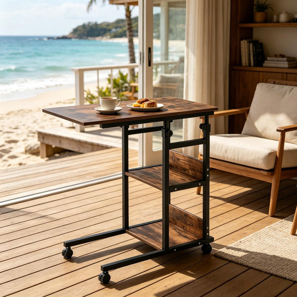 English Elm Compact Rolling C-frame Adjustable Table with Three Tier Storage for Home or Patio T3971P538504