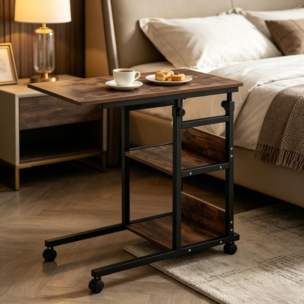 English Elm Compact Rolling C-frame Adjustable Table with Three Tier Storage for Home or Patio T3971P538504