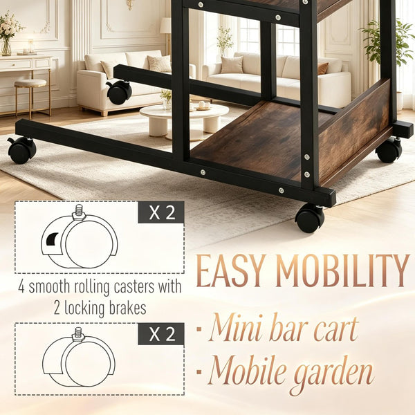 English Elm Compact Rolling C-frame Adjustable Table with Three Tier Storage for Home or Patio T3971P538504