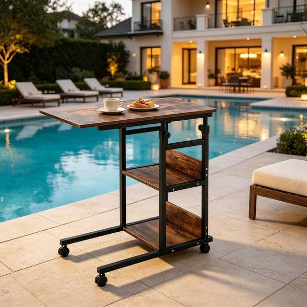 English Elm Compact Rolling C-frame Adjustable Table with Three Tier Storage for Home or Patio T3971P538504