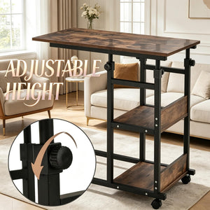 English Elm Compact Rolling C-frame Adjustable Table with Three Tier Storage for Home or Patio T3971P538504