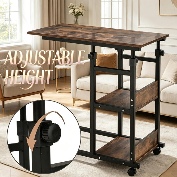 English Elm Compact Rolling C-frame Adjustable Table with Three Tier Storage for Home or Patio T3971P538504