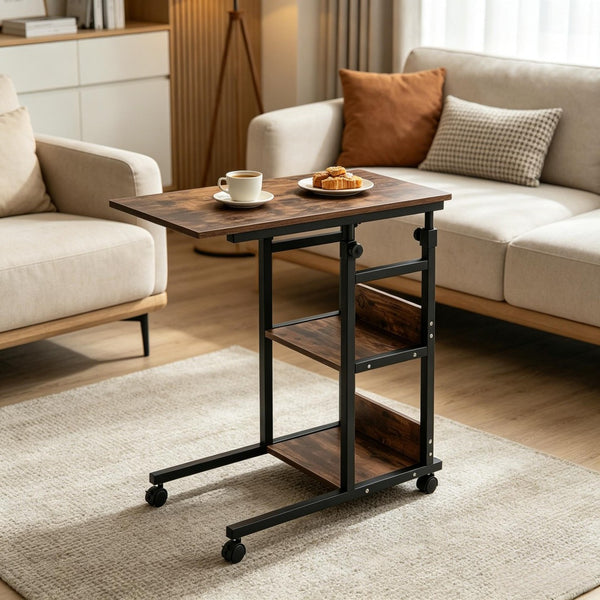 English Elm Compact Rolling C-frame Adjustable Table with Three Tier Storage for Home or Patio T3971P538504
