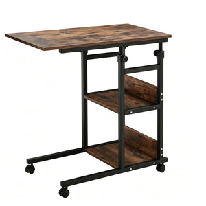 English Elm Compact Rolling C-frame Adjustable Table with Three Tier Storage for Home or Patio T3971P538504