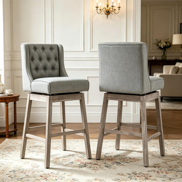 English Elm Classic Tufted Swivel Barstools Set of 2 Linen Fabric Counter Height Kitchen Seating T3971P538528