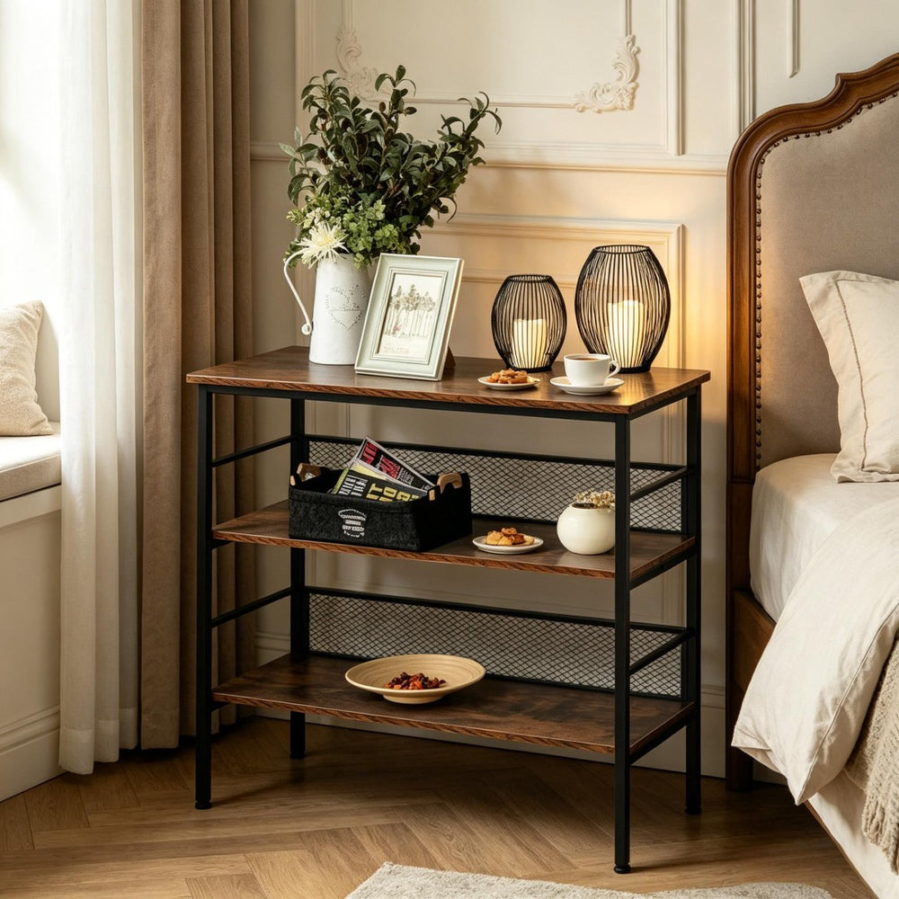 English Elm Multi-functional Three Tier Industrial Shelf with Steel Frame for Living Room or Study T3971P538539