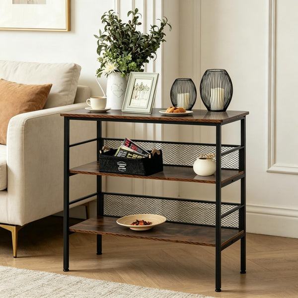 English Elm Multi-functional Three Tier Industrial Shelf with Steel Frame for Living Room or Study T3971P538539