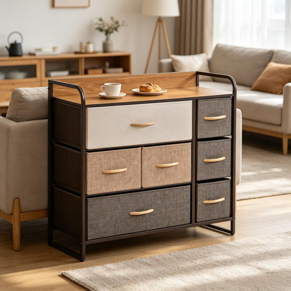 English Elm Modern Maple Finish Vertical Dresser with Seven Linen Drawers and Open Display Shelf T3971P538555