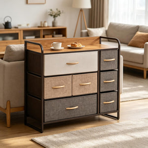 English Elm Modern Maple Finish Vertical Dresser with Seven Linen Drawers and Open Display Shelf T3971P538555