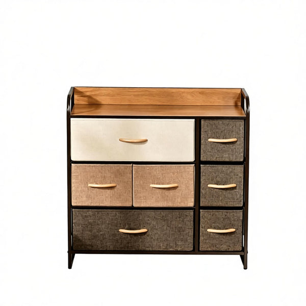 English Elm Modern Maple Finish Vertical Dresser with Seven Linen Drawers and Open Display Shelf T3971P538555