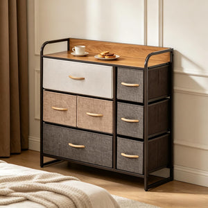 English Elm Modern Maple Finish Vertical Dresser with Seven Linen Drawers and Open Display Shelf T3971P538555