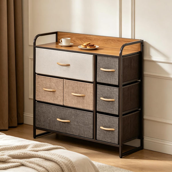 English Elm Modern Maple Finish Vertical Dresser with Seven Linen Drawers and Open Display Shelf T3971P538555