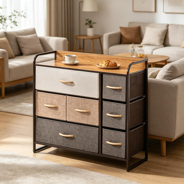 English Elm Modern Maple Finish Vertical Dresser with Seven Linen Drawers and Open Display Shelf T3971P538555