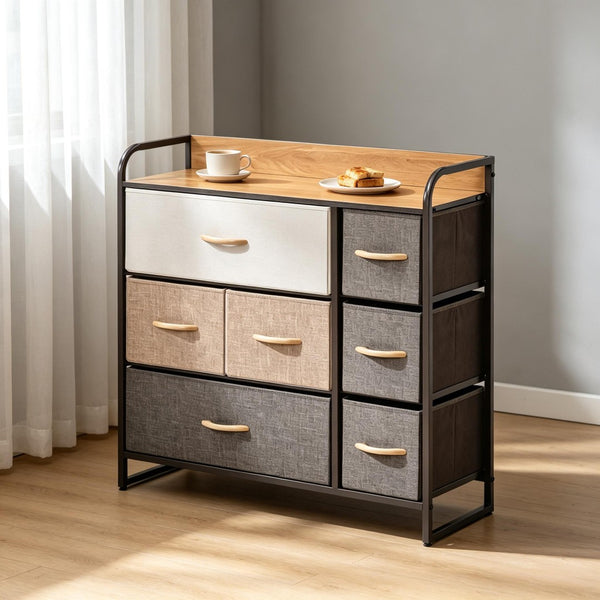 English Elm Modern Maple Finish Vertical Dresser with Seven Linen Drawers and Open Display Shelf T3971P538555