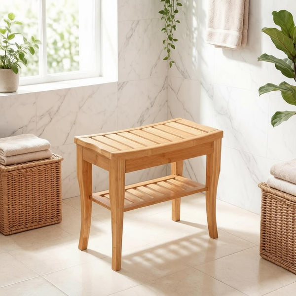English Elm Functional Bamboo Slatted Shower Bench with Lower Storage Shelf for Spa Bath Decor T3971P538579