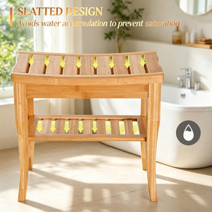 English Elm Functional Bamboo Slatted Shower Bench with Lower Storage Shelf for Spa Bath Decor T3971P538579