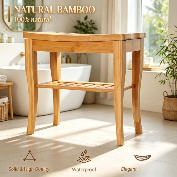 English Elm Functional Bamboo Slatted Shower Bench with Lower Storage Shelf for Spa Bath Decor T3971P538579