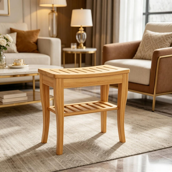 English Elm Functional Bamboo Slatted Shower Bench with Lower Storage Shelf for Spa Bath Decor T3971P538579