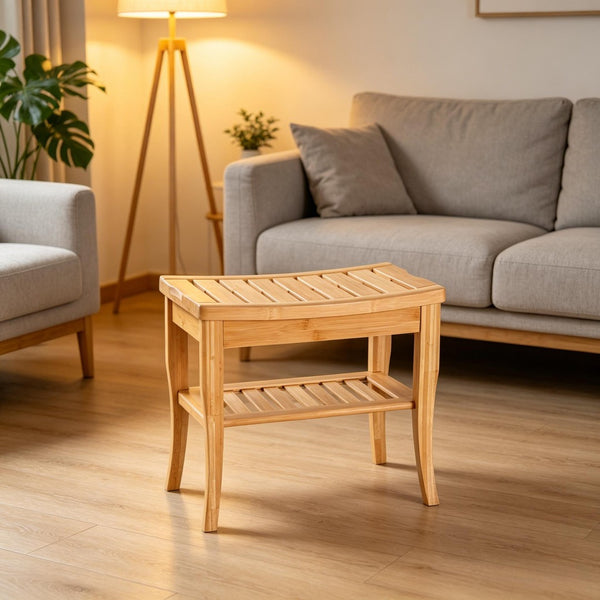English Elm Functional Bamboo Slatted Shower Bench with Lower Storage Shelf for Spa Bath Decor T3971P538579