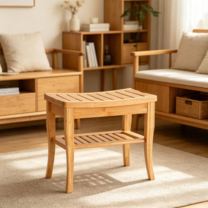 English Elm Functional Bamboo Slatted Shower Bench with Lower Storage Shelf for Spa Bath Decor T3971P538579