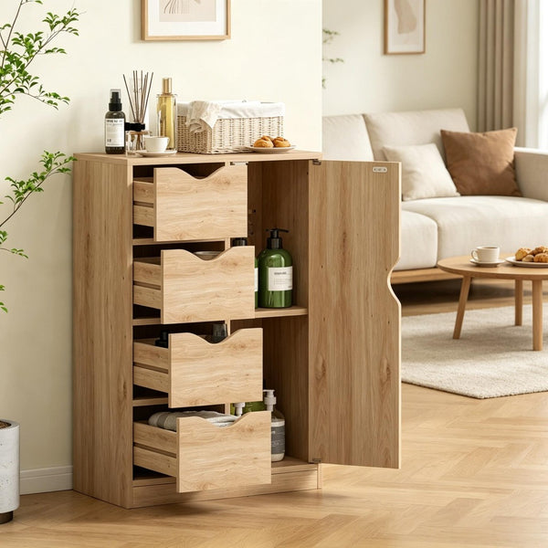 English Elm Compact Oak Finish Vertical Storage Cabinet with Four Drawers for Entryway or Bath T3971P538632