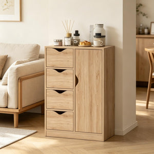 English Elm Compact Oak Finish Vertical Storage Cabinet with Four Drawers for Entryway or Bath T3971P538632