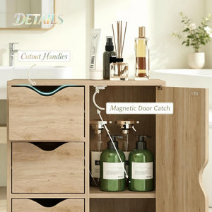 English Elm Compact Oak Finish Vertical Storage Cabinet with Four Drawers for Entryway or Bath T3971P538632