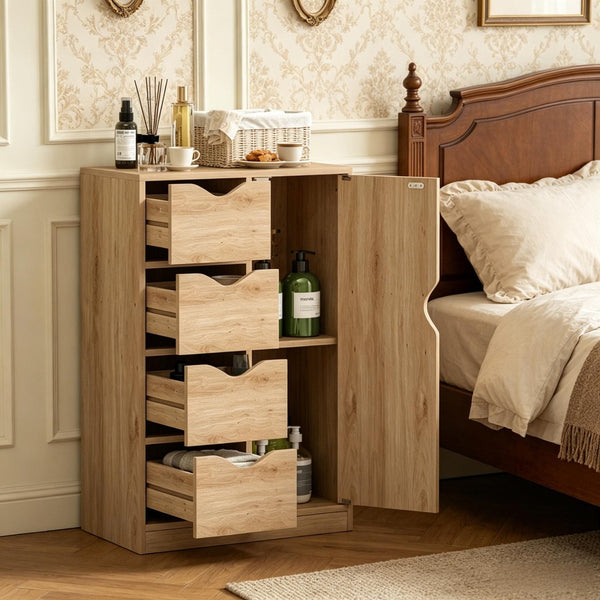 English Elm Compact Oak Finish Vertical Storage Cabinet with Four Drawers for Entryway or Bath T3971P538632