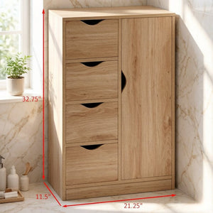 English Elm Compact Oak Finish Vertical Storage Cabinet with Four Drawers for Entryway or Bath T3971P538632