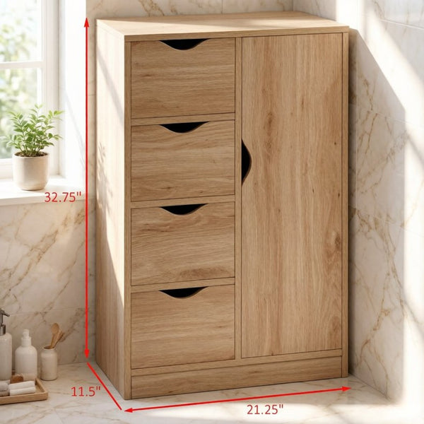 English Elm Compact Oak Finish Vertical Storage Cabinet with Four Drawers for Entryway or Bath T3971P538632