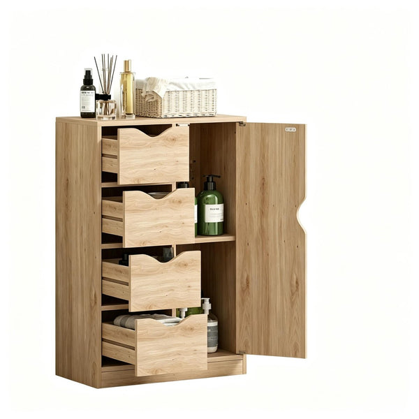 English Elm Compact Oak Finish Vertical Storage Cabinet with Four Drawers for Entryway or Bath T3971P538632