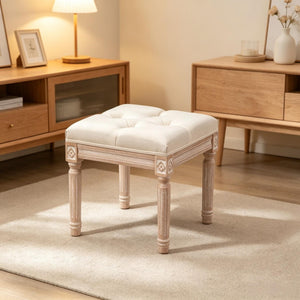 English Elm Elegant Tufted Vanity Stool with Carved Wood Legs Linen Upholstery Vintage Bench T3971P538658