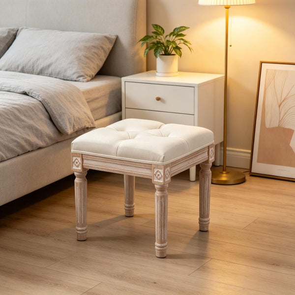 English Elm Elegant Tufted Vanity Stool with Carved Wood Legs Linen Upholstery Vintage Bench T3971P538658