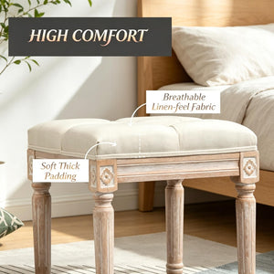 English Elm Elegant Tufted Vanity Stool with Carved Wood Legs Linen Upholstery Vintage Bench T3971P538658