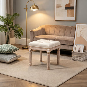 English Elm Elegant Tufted Vanity Stool with Carved Wood Legs Linen Upholstery Vintage Bench T3971P538658
